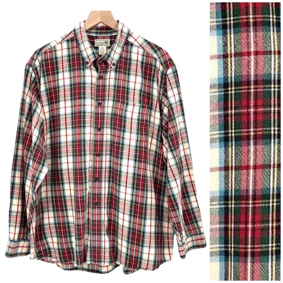 L.L. Bean Other - L.L. Bean Plaid Flannel Button Down Shirt Cream Red Green Blue | Size X-Large
